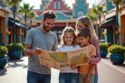 Famille souriante devant attraction Disney en plein air