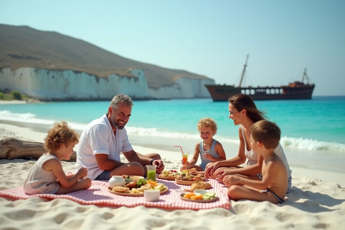 Famille profitant d un pique-nique sur la plage de Navagio