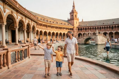 Famille avec enfants visitant la Plaza de España à Séville, architecture baroque et azulejos colorés en arrière-plan