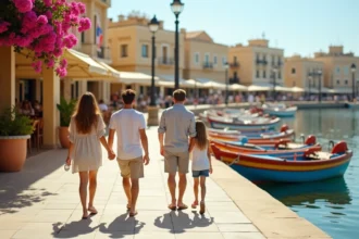 Famille en promenade sur le front de mer de Spinola Bay à St Julian's à Malte, avec les bateaux traditionnels luzzu et les terrasses de café en arrière-plan