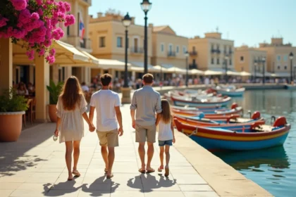 Famille en promenade sur le front de mer de Spinola Bay à St Julian's à Malte, avec les bateaux traditionnels luzzu et les terrasses de café en arrière-plan