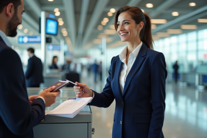 Femme en costume à l'aéroport avec passeport et documents