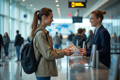 Jeune femme à l'aéroport avec passeport et documents