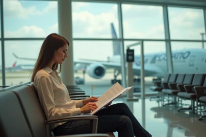 Femme consultant une brochure de voyage dans un aéroport avant un vol Lyon République Dominicaine