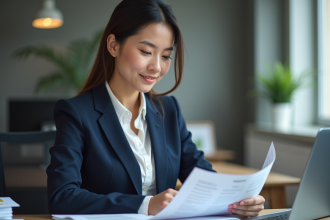 Jeune femme d'affaires en costume navy étudie documents d'assurance