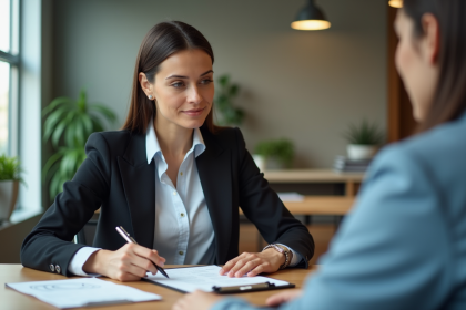 Femme d'affaires en réunion avec notes et stylo