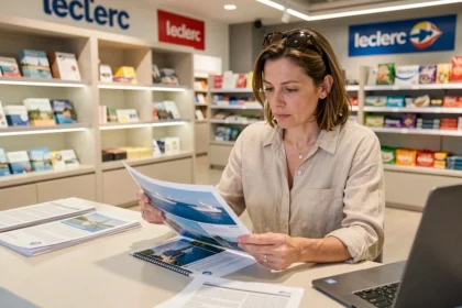 Femme consultant une brochure de croisière au comptoir voyage d'un supermarché Leclerc