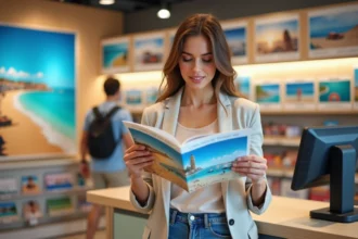 Femme consultant des offres de voyage dernière minute au comptoir Leclerc Voyages à Nantes