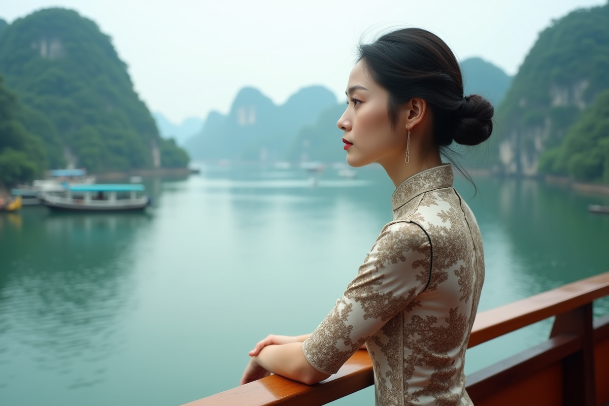 Jeune femme vietnamienne en ao dai sur un bateau à Halong