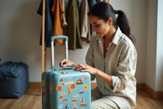 Femme appliquant un autocollant coloré sur une valise rigide dans un appartement moderne