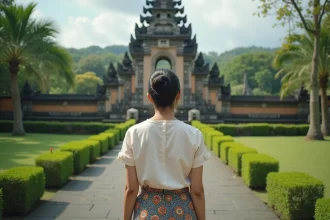 Jeune femme indonesienne en sarong batik devant le temple