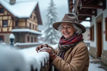 Femme bavaroise dans un village enneige a Oberammergau