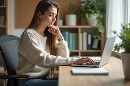 Jeune femme travaillant sur son ordinateur dans un bureau lumineux