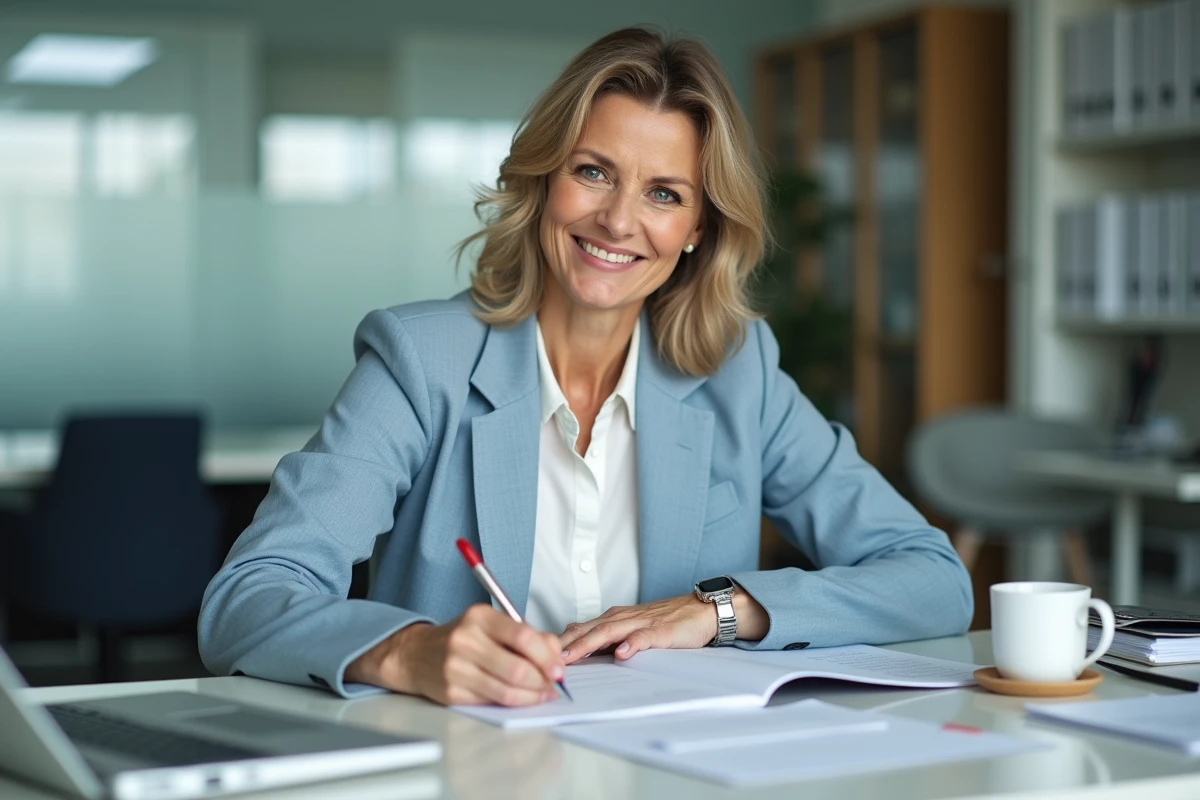 Femme professionnelle rédigeant un message de bonnes vacances manuscrit pour un collègue dans un bureau moderne
