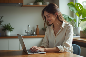 Jeune femme souriante utilisant son ordinateur dans la cuisine