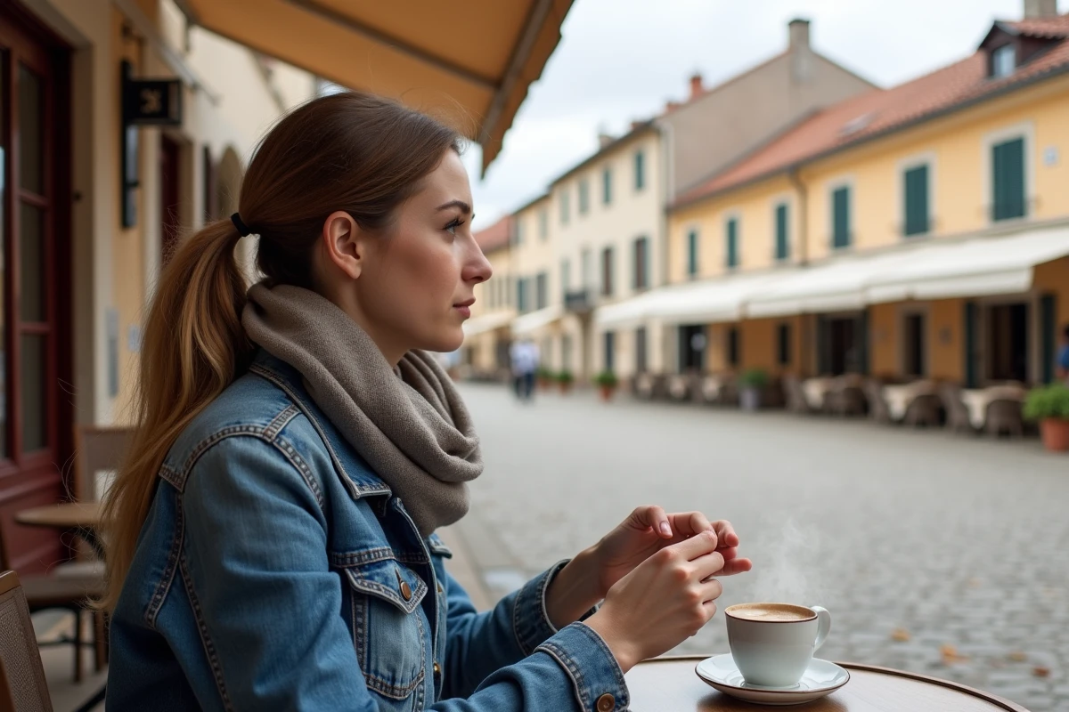 Jeune femme au café dans le village de Leucate