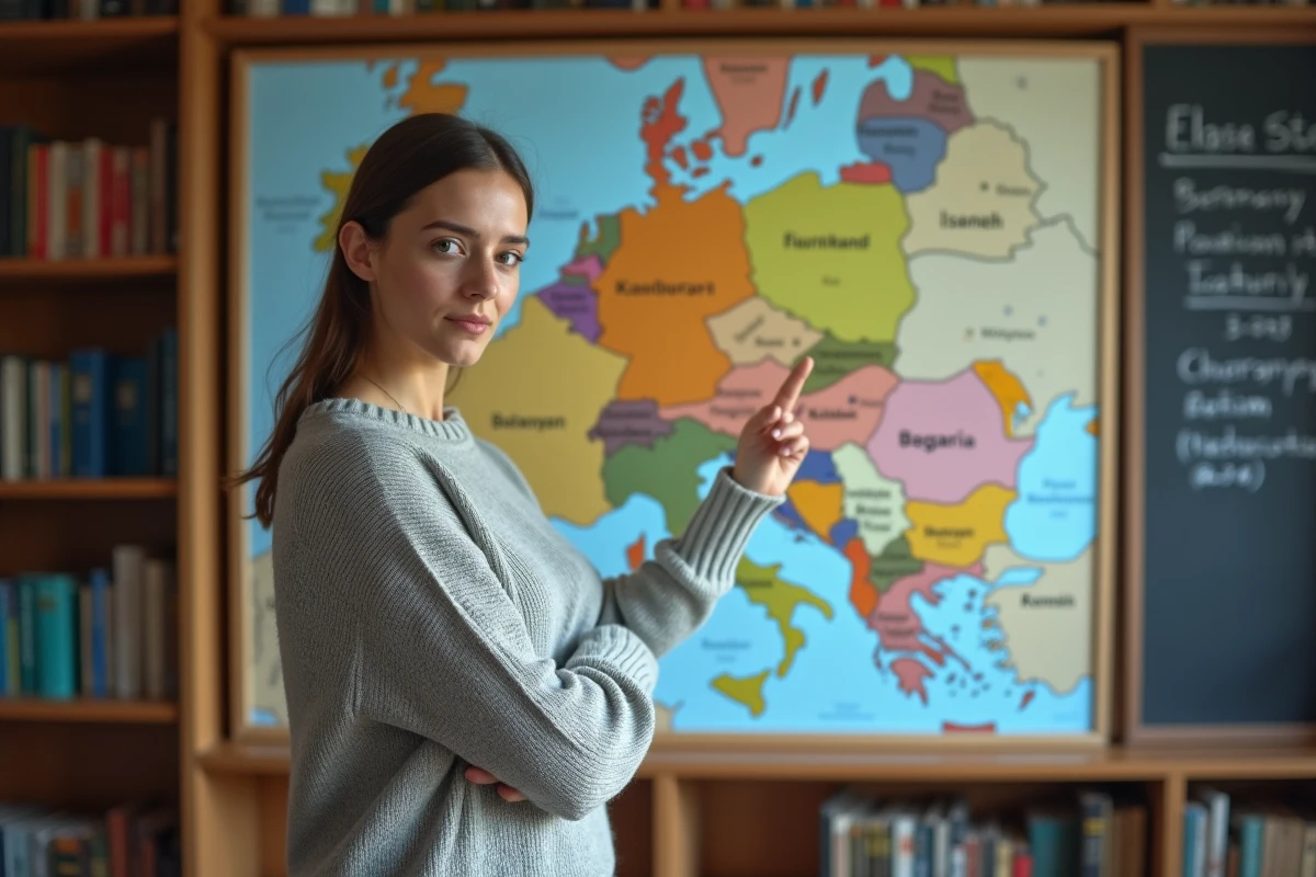 Femme pointant la région de Bavière sur une grande carte politique de l'Allemagne accrochée au mur dans une salle d'étude universitaire