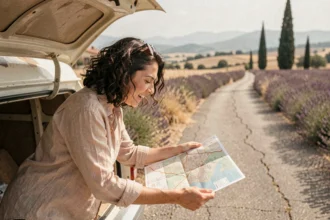 Femme consultant une carte routière appuyée sur un van vintage lors d'un road trip en France