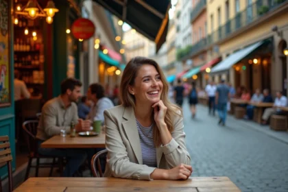 Femme élégante riant à Palermo dans un bar en plein air