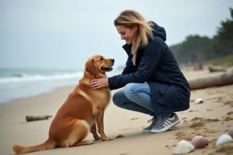 Femme avec chien sur la plage d'Arcachon au sable doré