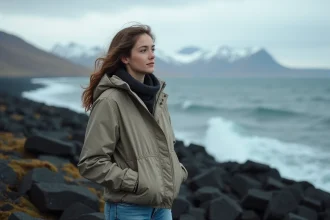 Jeune femme sur la côte islandaise regardant l'océan