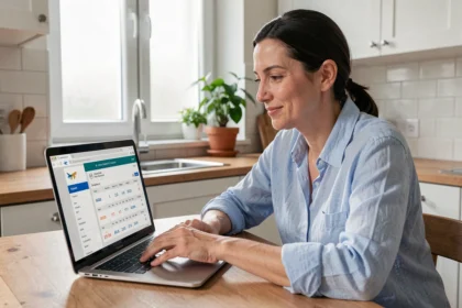 Femme consultant un comparateur de vols flexibles sur son ordinateur portable dans une cuisine moderne