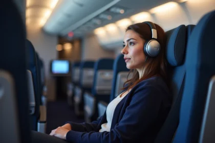 Femme avec casque dans un avion moderne pour voyager