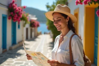 Femme souriante en vacances à Zakynthos lisant une carte