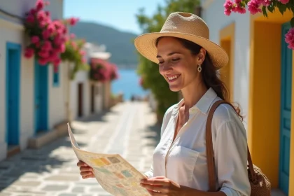 Femme souriante en vacances à Zakynthos lisant une carte