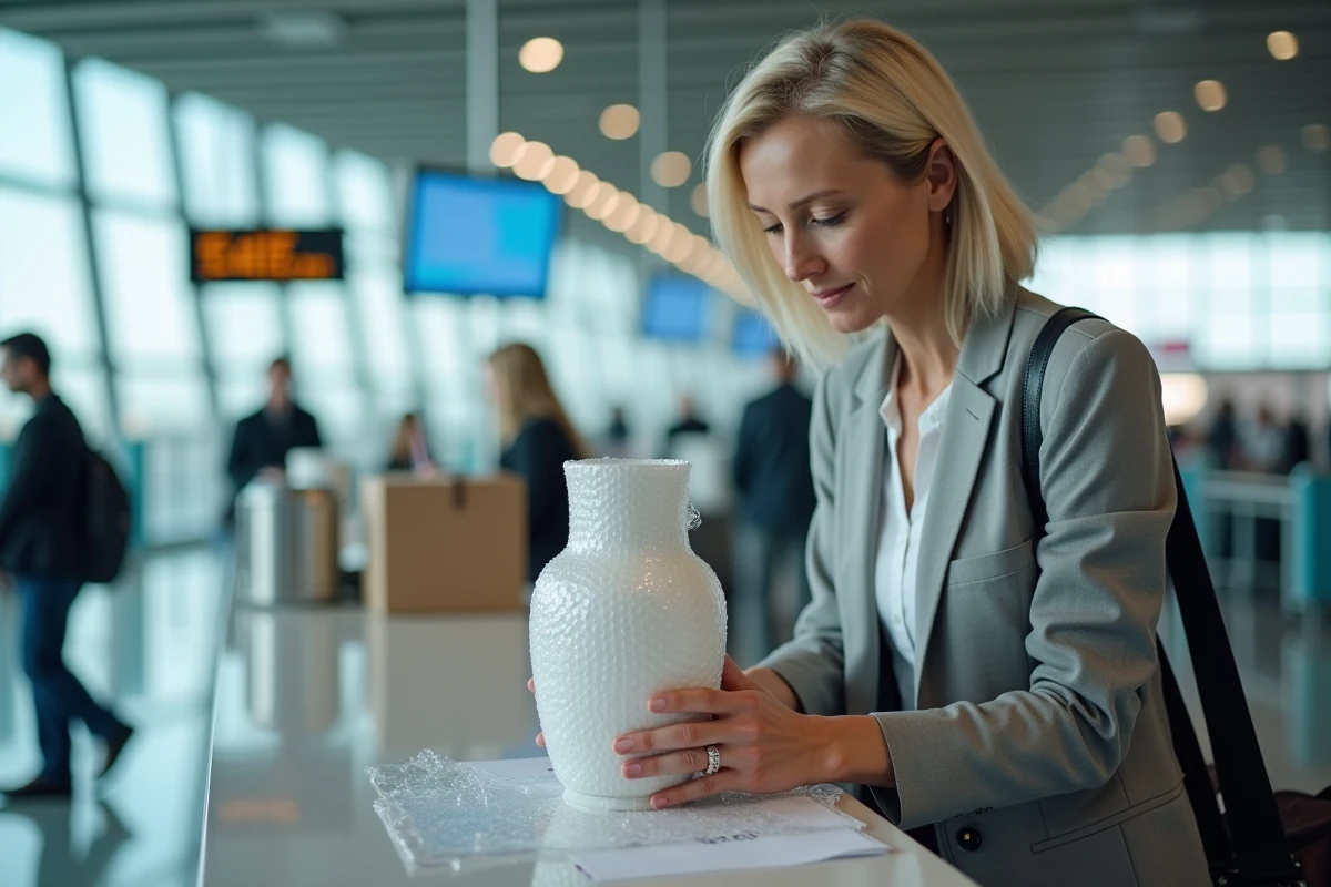 Femme emballant une vaisselle en céramique fragile à l'aéroport