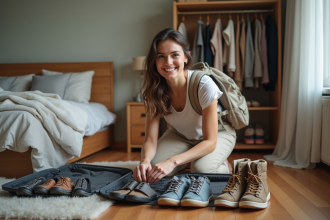 Femme souriante préparant ses chaussures pour voyager
