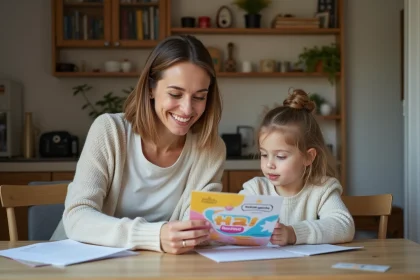 Femme et enfant examinant un brochure Chèquesvacances