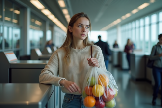 Jeune femme avec sac de fruits à l'aéroport