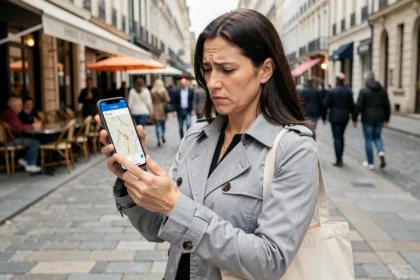 Femme consultant Google Maps itinéraire à pied sur son smartphone dans une rue urbaine, air confus face à une erreur de trajet