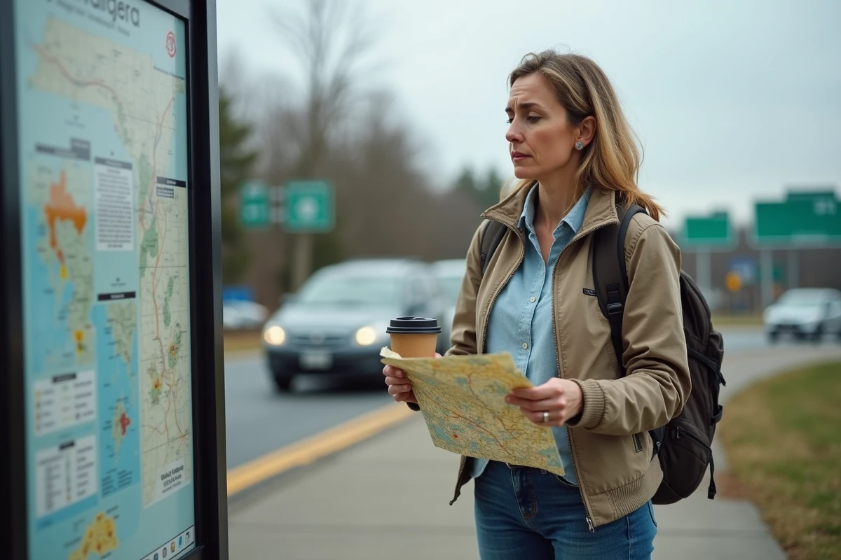 Femme voyageuse consulte panneau routier sur aire de repos