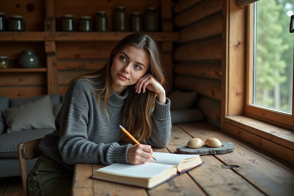 Jeune femme écrit dans une cabane en bois chaleureuse