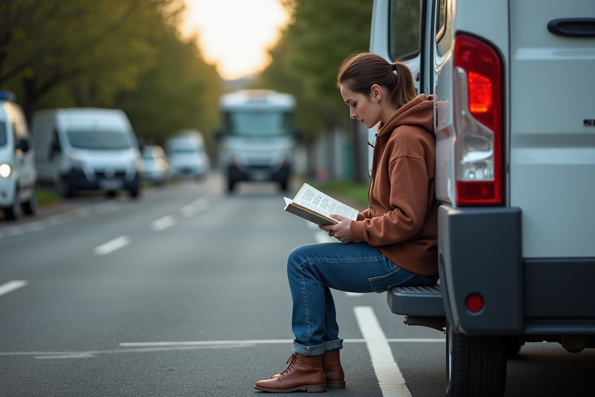 Femme lisant un guidebook sur le pare-chocs de son van en ville