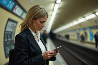 Femme d'affaires vérifiant son Navigo dans le métro parisien