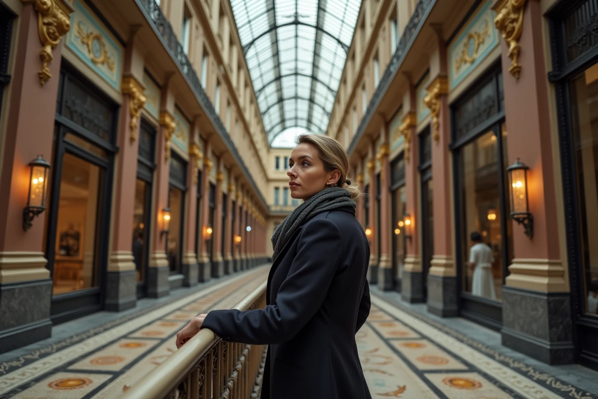 Femme admirant le sol mosaïque dans la galerie Vivienne