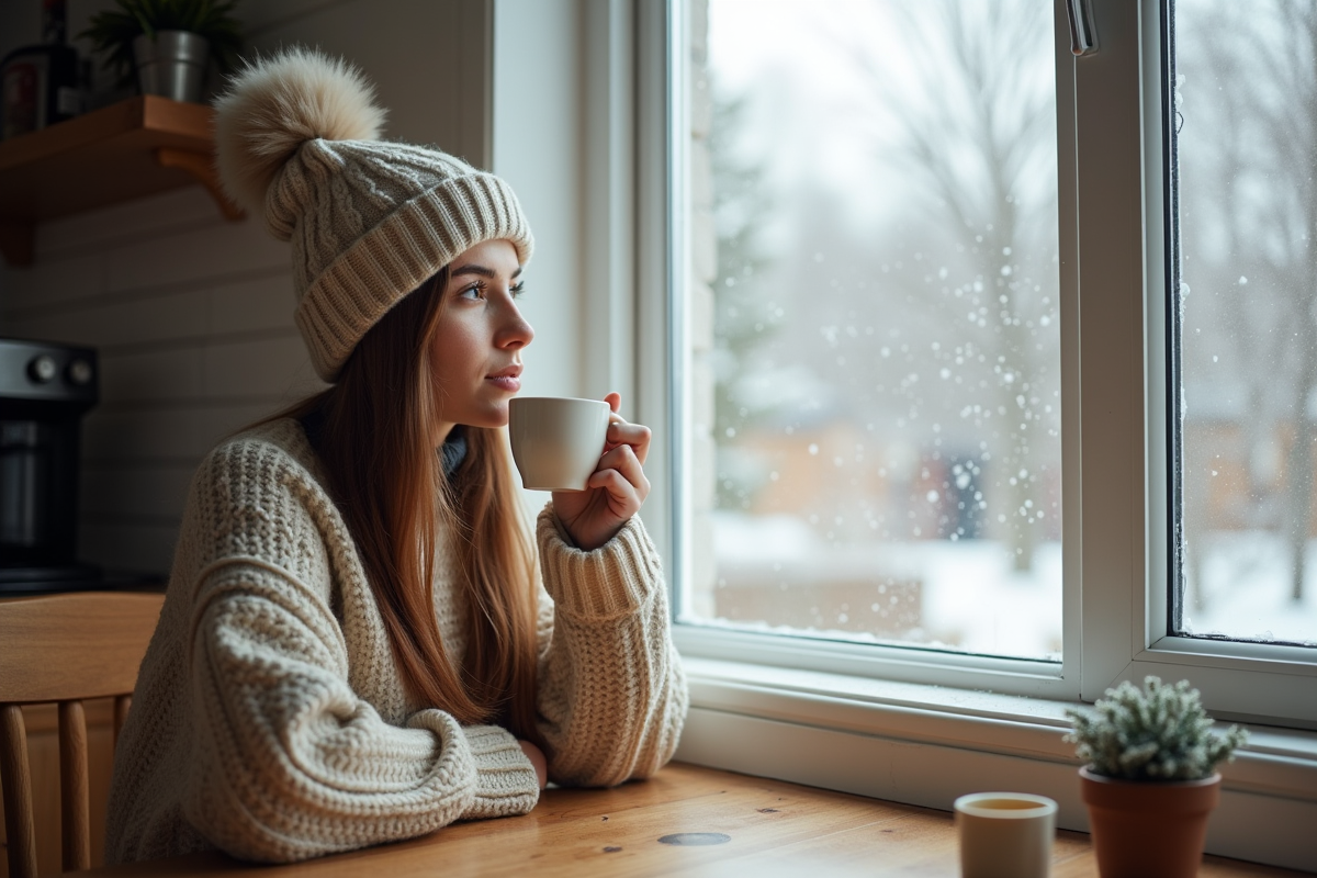 Jeune femme buvant du thé près de la fenêtre en hiver