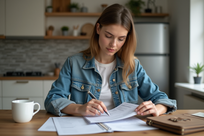 Jeune femme organisant ses documents de voyage à la maison