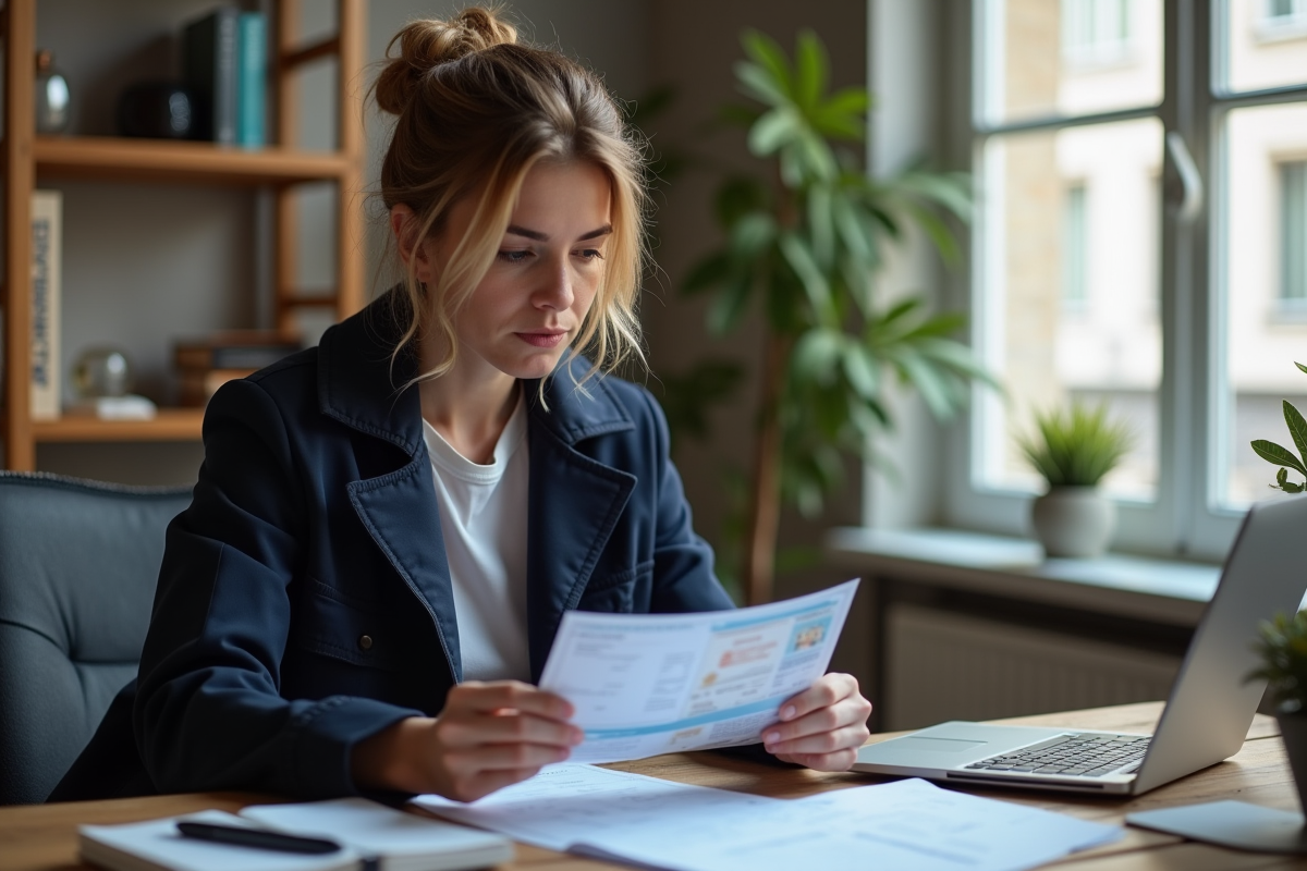 Femme examinant un permis de conduire français à son bureau