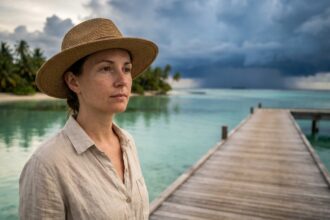 Femme sur un ponton tropical observant des nuages de saison cyclonique au-dessus d'un lagon turquoise dans un archipel tropical