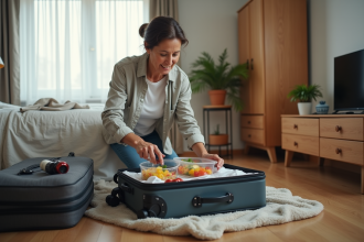 Femme préparant sa valise avec repas fait maison