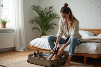 Jeune femme préparant ses chaussures dans une chambre lumineuse