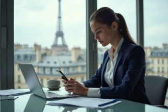 Jeune femme d'affaires à Paris regardant son smartphone