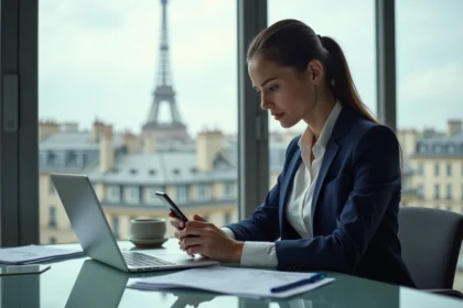 Jeune femme d'affaires à Paris regardant son smartphone