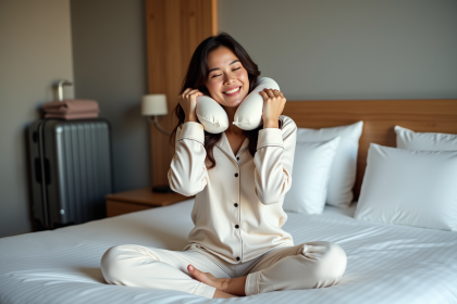 Femme en pyjamas dans un lit d'hôtel calme et serein