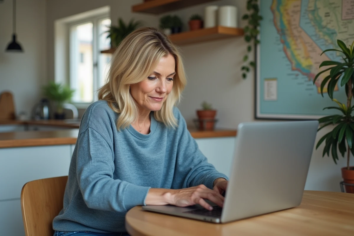 Femme blonde recherchant un itinéraire en cuisine