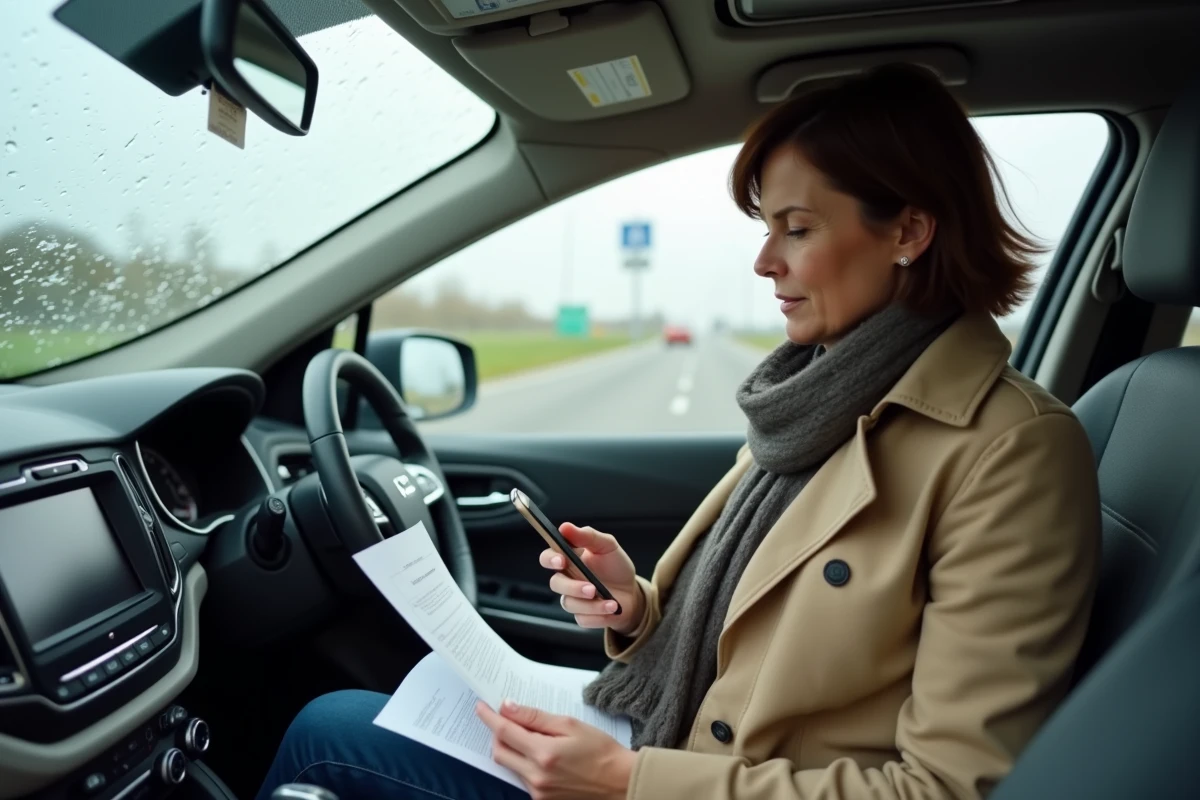 Femme lisant son assurance dans une voiture à Calais